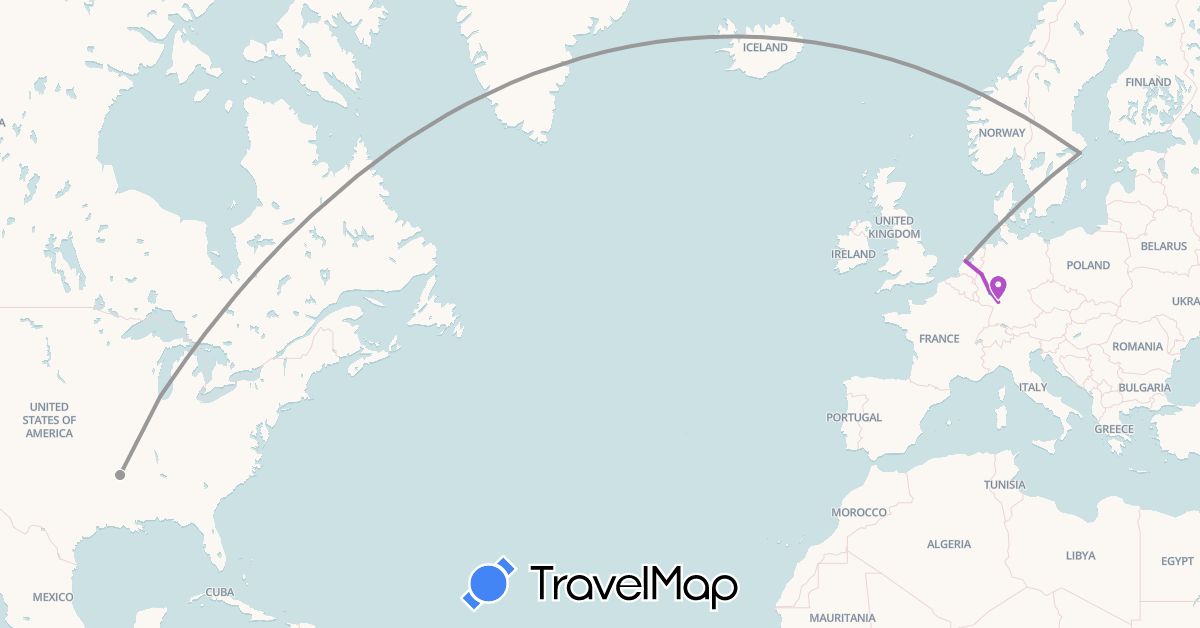 TravelMap itinerary: driving, plane, train, boat in Germany, Netherlands, Sweden, United States (Europe, North America)